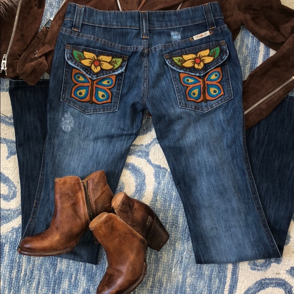 Frankie B Butterfly blue jeans wide leg pant boho